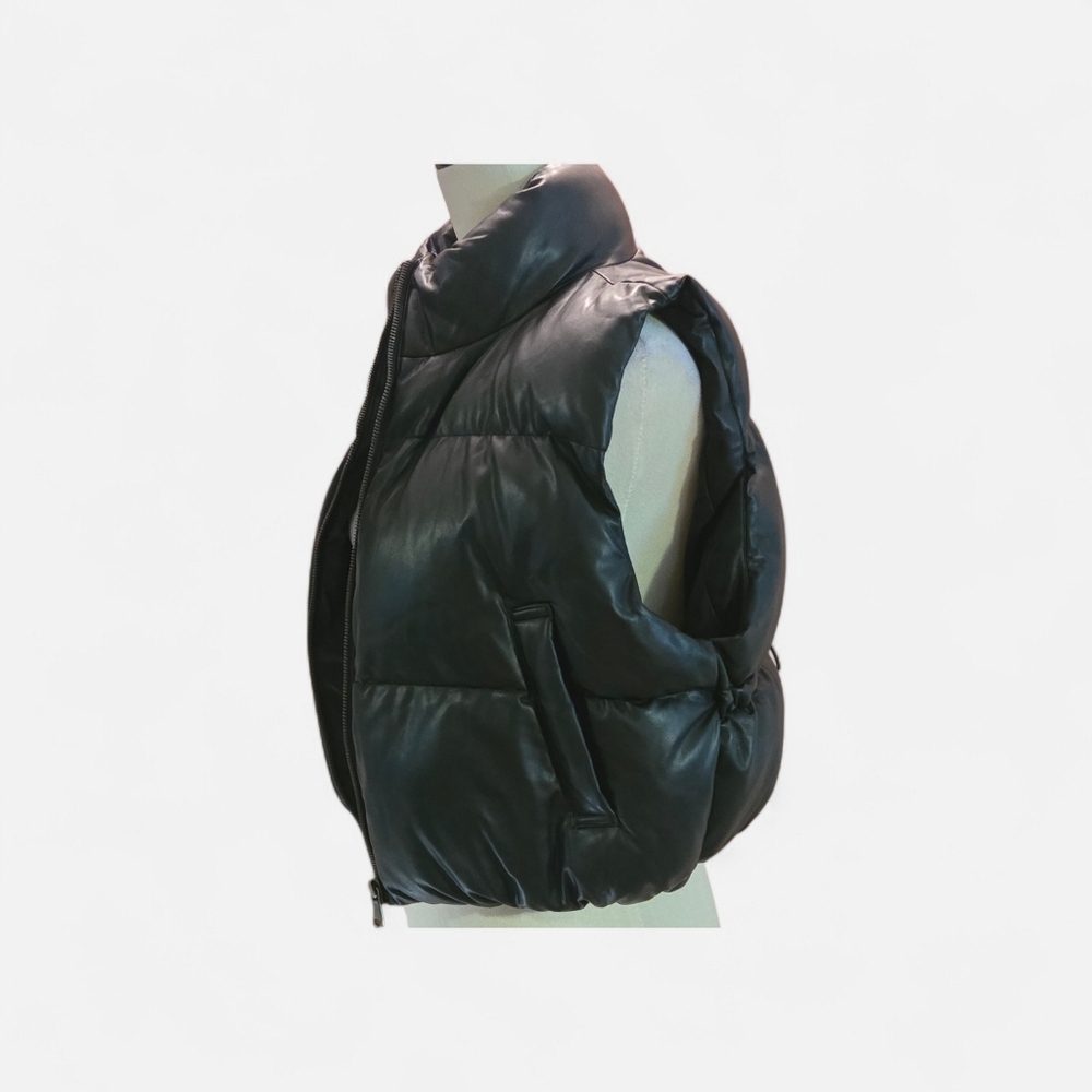 Double Zero Girls Junior L Black Faux Leather Cropped Puffer Vest Standup Collar - Picture 6 of 13